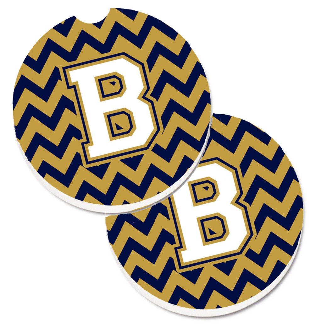 Letter B Chevron Navy Blue and Gold Set of 2 Cup Holder Car Coasters CJ1057-BCARC by Caroline&#39;s Treasures