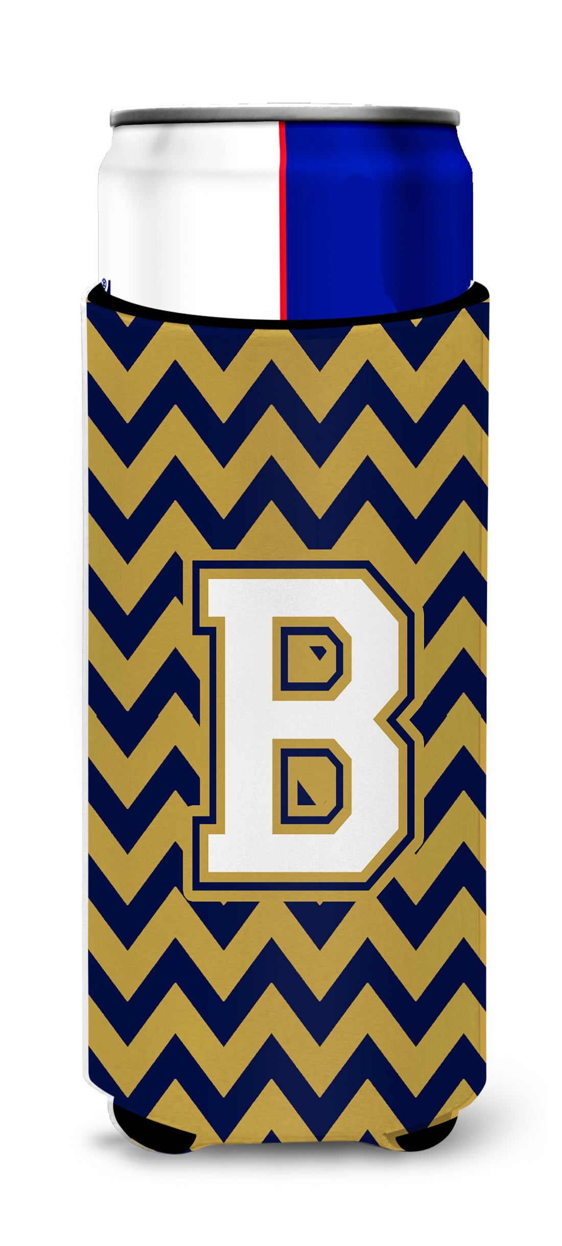 Letter B Chevron Navy Blue and Gold Ultra Beverage Insulators for slim cans CJ1057-BMUK.