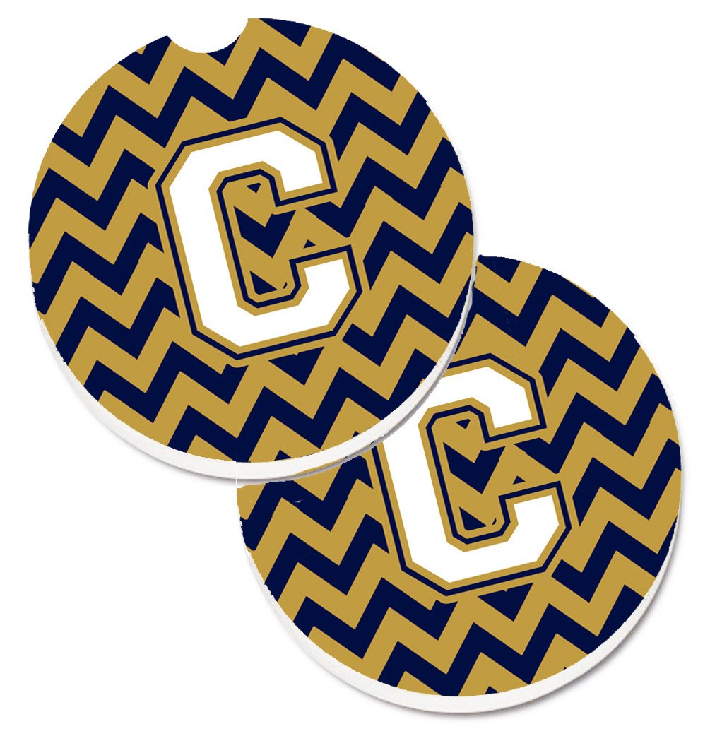 Letter C Chevron Navy Blue and Gold Set of 2 Cup Holder Car Coasters CJ1057-CCARC by Caroline&#39;s Treasures