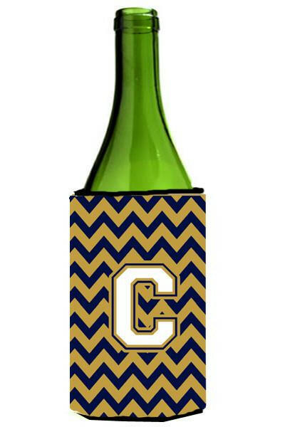 Letter C Chevron Navy Blue and Gold Wine Bottle Beverage Insulator Hugger CJ1057-CLITERK by Caroline&#39;s Treasures