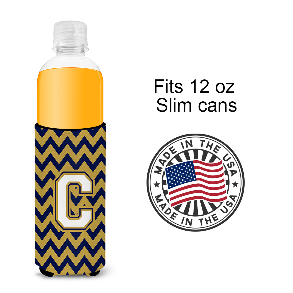 Letter C Chevron Navy Blue and Gold Ultra Beverage Insulators for slim cans CJ1057-CMUK