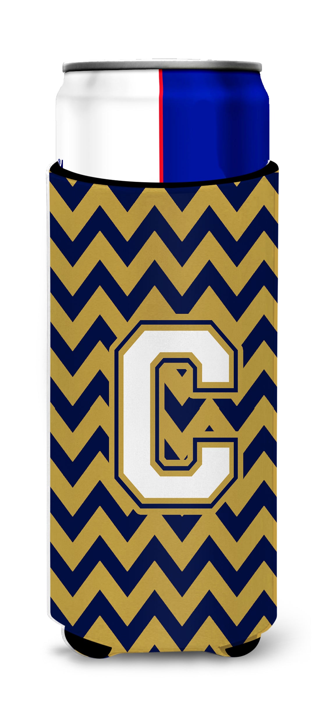 Letter C Chevron Navy Blue and Gold Ultra Beverage Insulators for slim cans CJ1057-CMUK.