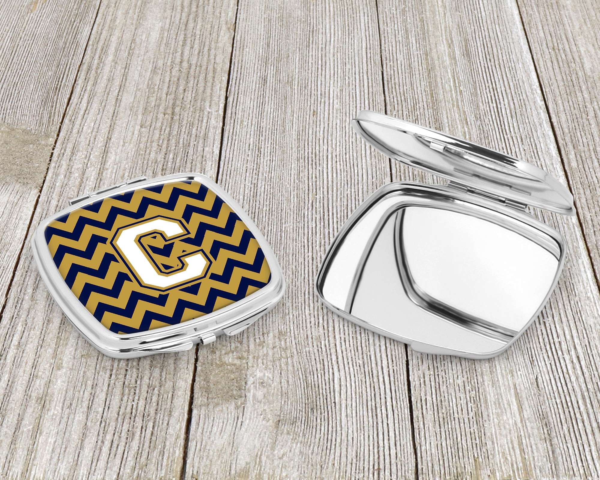 Letter C Chevron Navy Blue and Gold Compact Mirror CJ1057-CSCM
