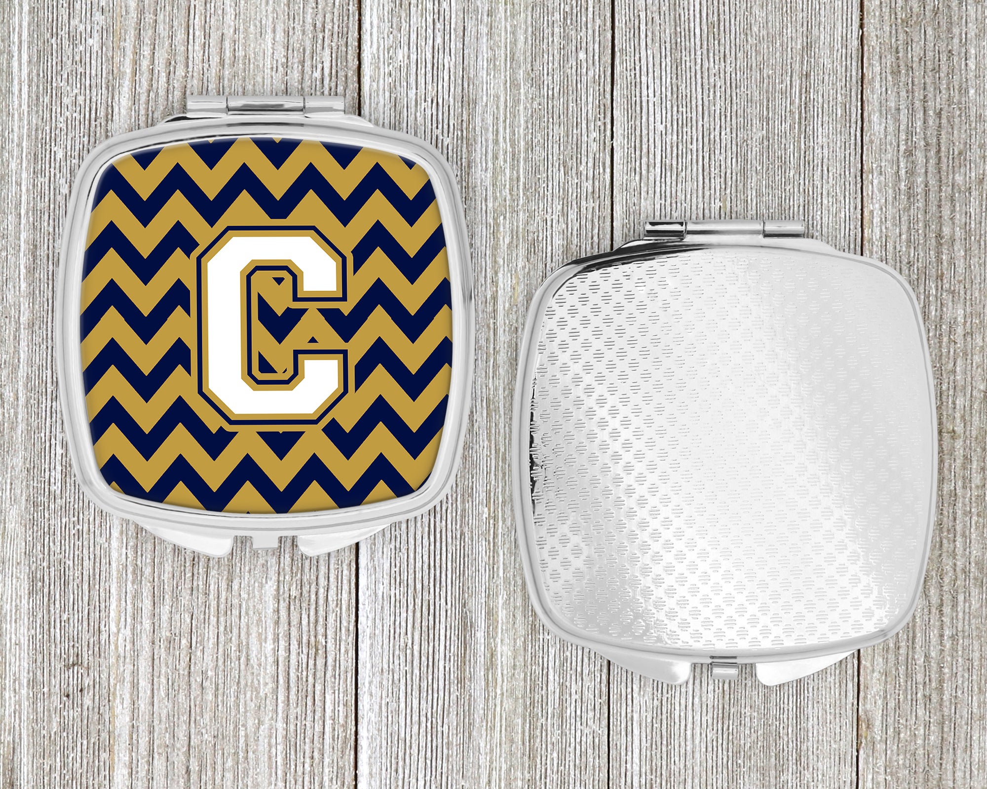 Letter C Chevron Navy Blue and Gold Compact Mirror CJ1057-CSCM