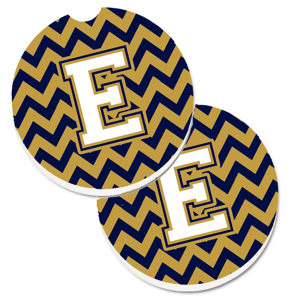 Letter E Chevron Navy Blue and Gold Set of 2 Cup Holder Car Coasters CJ1057-ECARC by Caroline&#39;s Treasures