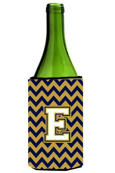 Letter E Chevron Navy Blue and Gold Wine Bottle Beverage Insulator Hugger CJ1057-ELITERK by Caroline&#39;s Treasures