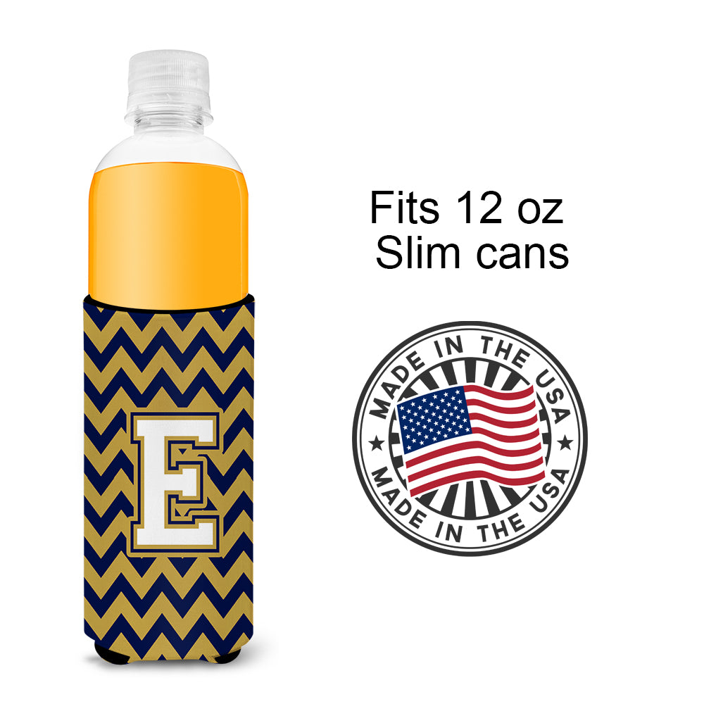 Letter E Chevron Navy Blue and Gold Ultra Beverage Insulators for slim cans CJ1057-EMUK.