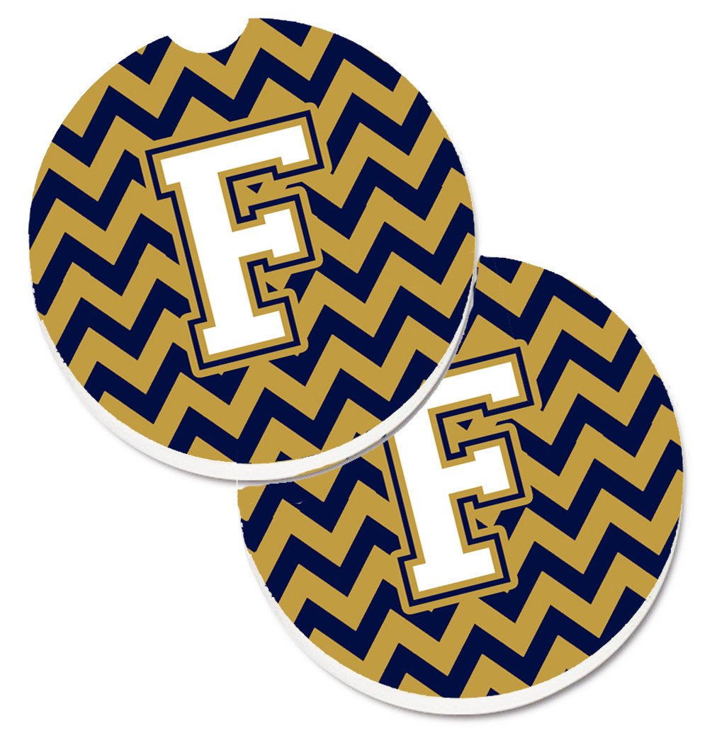 Letter F Chevron Navy Blue and Gold Set of 2 Cup Holder Car Coasters CJ1057-FCARC by Caroline&#39;s Treasures