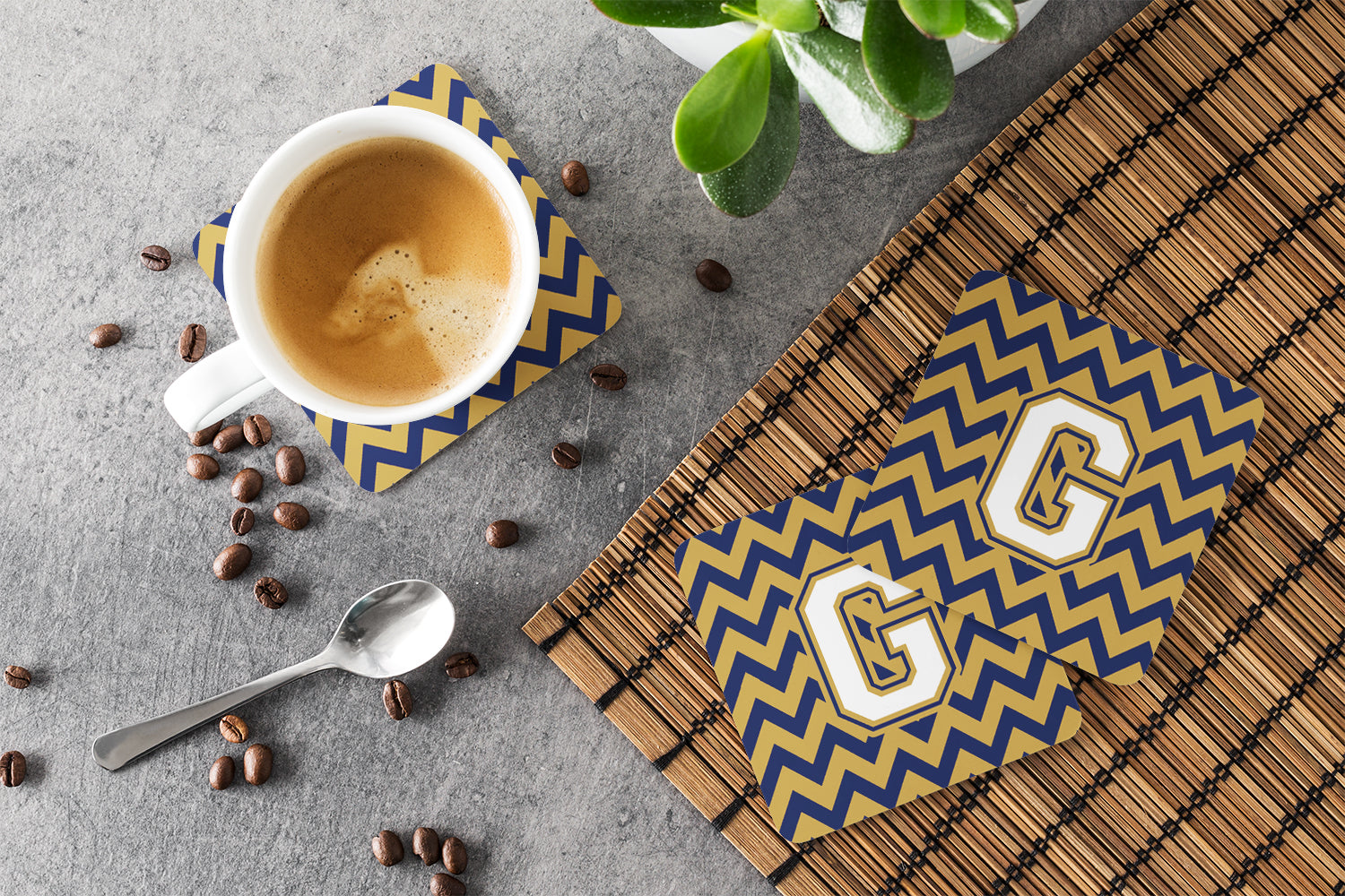 Letter G Chevron Navy Blue and Gold Foam Coaster Set of 4 CJ1057-GFC - the-store.com