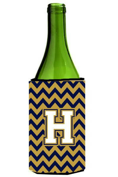 Letter H Chevron Navy Blue and Gold Wine Bottle Beverage Insulator Hugger CJ1057-HLITERK by Caroline&#39;s Treasures