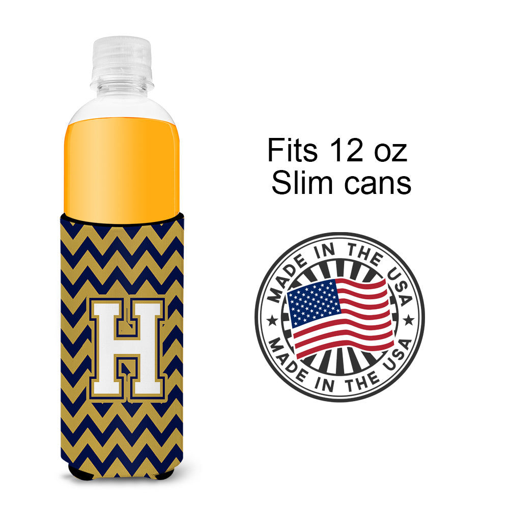 Letter H Chevron Navy Blue and Gold Ultra Beverage Insulators for slim cans CJ1057-HMUK.