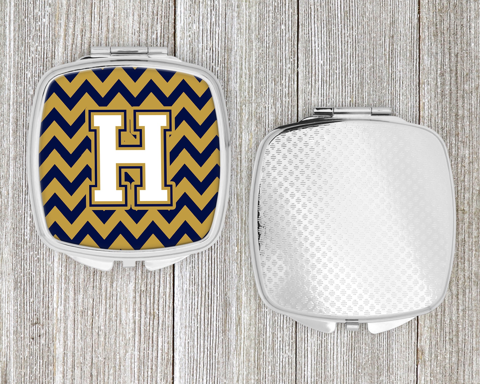 Letter H Chevron Navy Blue and Gold Compact Mirror CJ1057-HSCM
