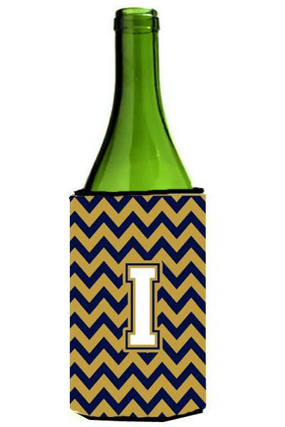 Letter I Chevron Navy Blue and Gold Wine Bottle Beverage Insulator Hugger CJ1057-ILITERK by Caroline&#39;s Treasures