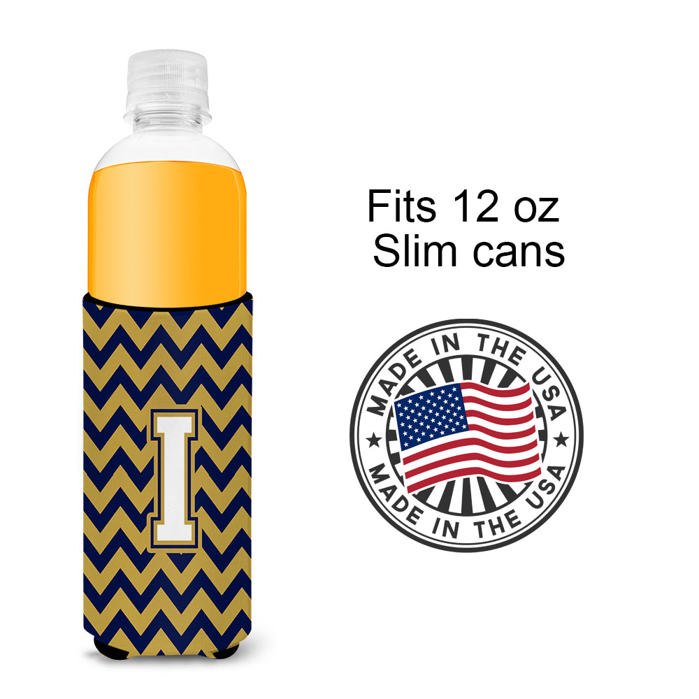 Letter I Chevron Navy Blue and Gold Ultra Beverage Insulators for slim cans CJ1057-IMUK.