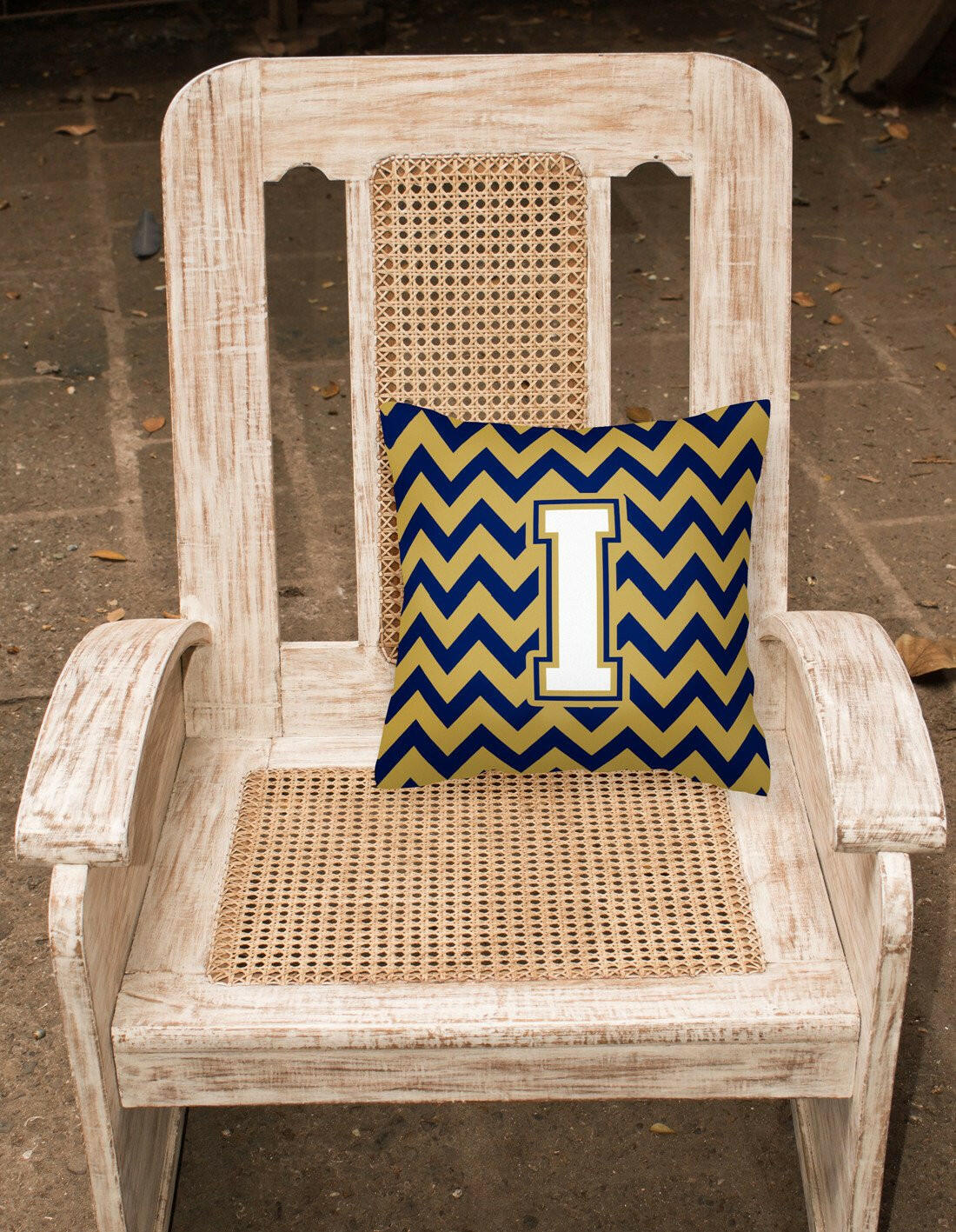 Letter I Chevron Navy Blue and Gold Fabric Decorative Pillow CJ1057-IPW1414 by Caroline's Treasures