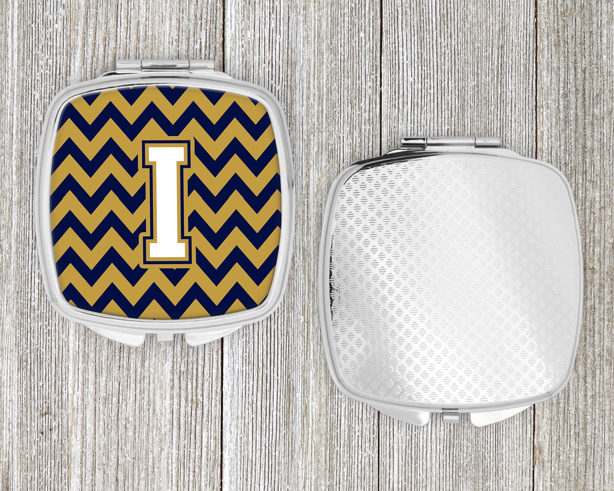 Letter I Chevron Navy Blue and Gold Compact Mirror CJ1057-ISCM