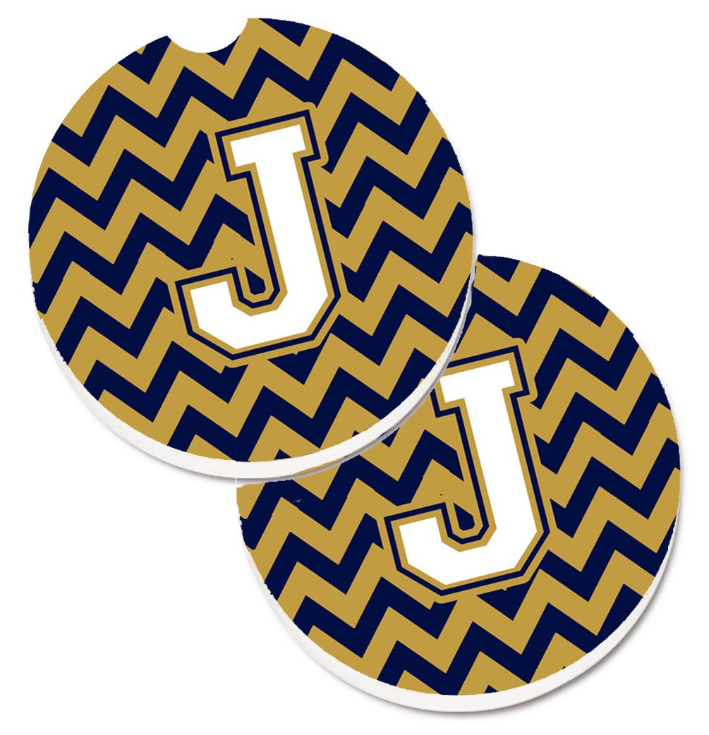 Letter J Chevron Navy Blue and Gold Set of 2 Cup Holder Car Coasters CJ1057-JCARC by Caroline&#39;s Treasures