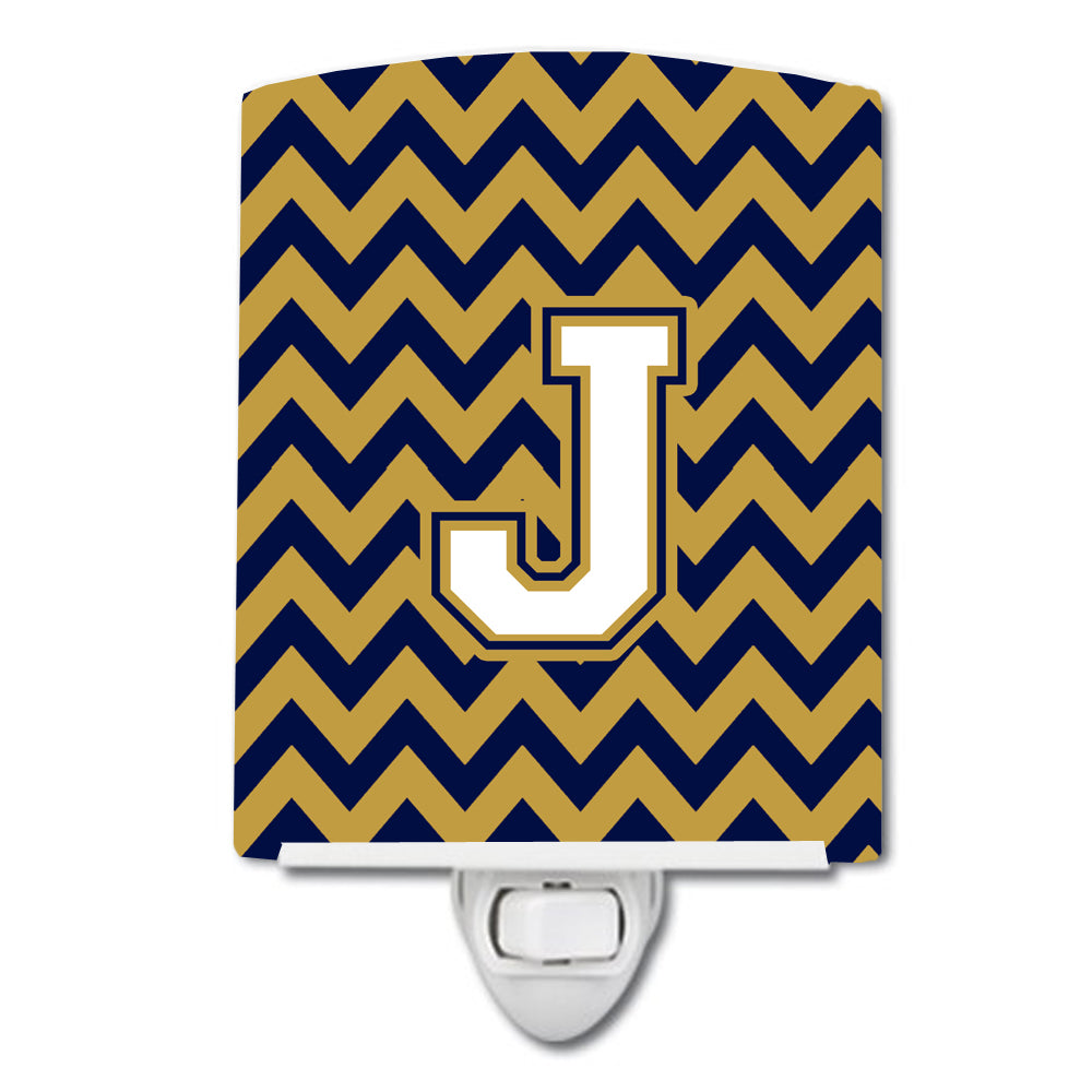 Letter J Chevron Navy Blue and Gold Ceramic Night Light CJ1057-JCNL - the-store.com