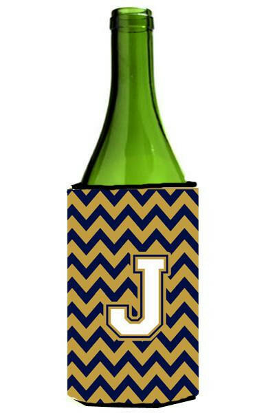 Letter J Chevron Navy Blue and Gold Wine Bottle Beverage Insulator Hugger CJ1057-JLITERK by Caroline&#39;s Treasures