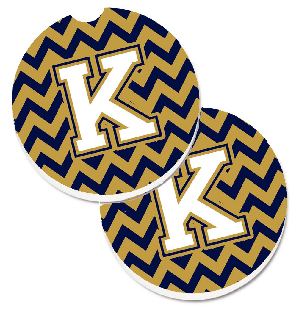 Letter K Chevron Navy Blue and Gold Set of 2 Cup Holder Car Coasters CJ1057-KCARC by Caroline&#39;s Treasures