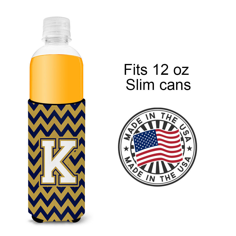 Letter K Chevron Navy Blue and Gold Ultra Beverage Insulators for slim cans CJ1057-KMUK.