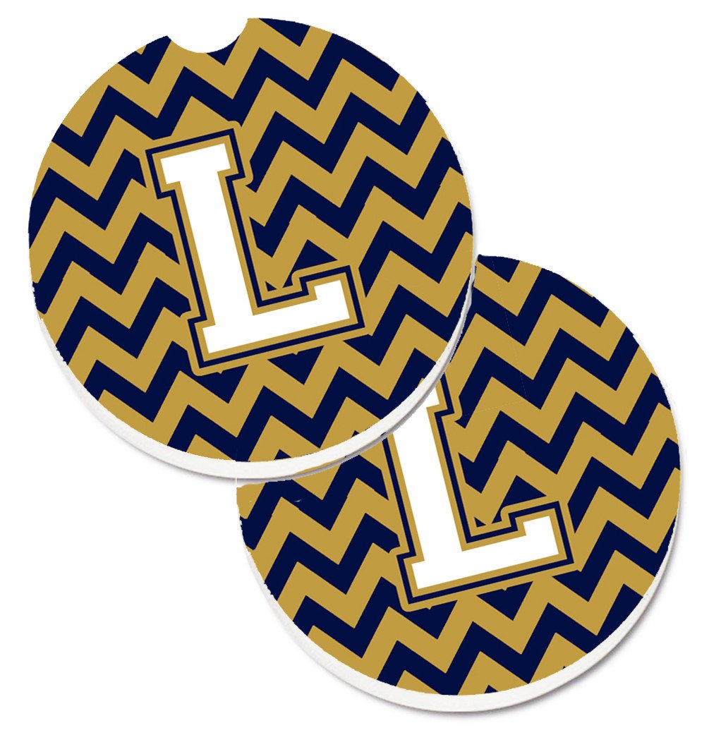Letter L Chevron Navy Blue and Gold Set of 2 Cup Holder Car Coasters CJ1057-LCARC by Caroline&#39;s Treasures