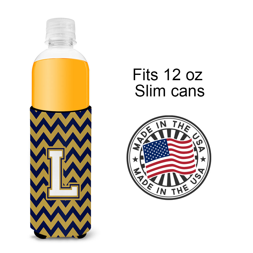 Letter L Chevron Navy Blue and Gold Ultra Beverage Insulators for slim cans CJ1057-LMUK.