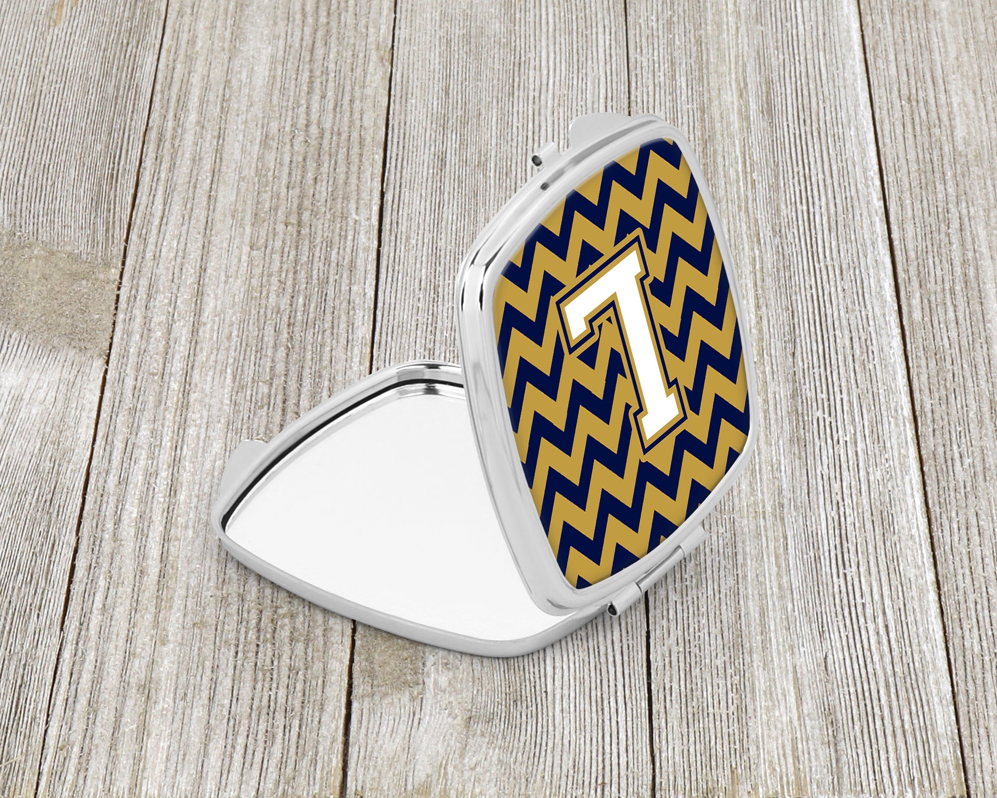 Letter L Chevron Navy Blue and Gold Compact Mirror CJ1057-LSCM