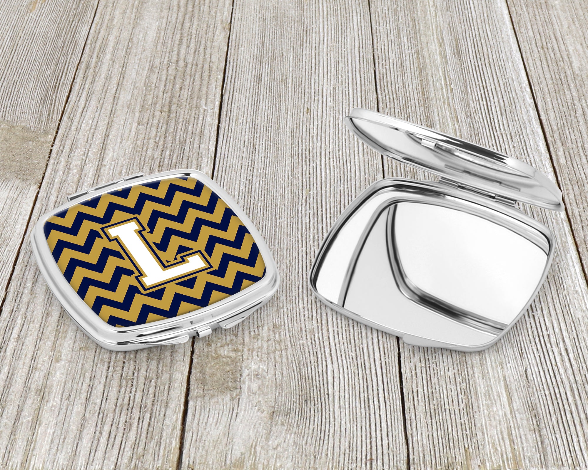 Letter L Chevron Navy Blue and Gold Compact Mirror CJ1057-LSCM