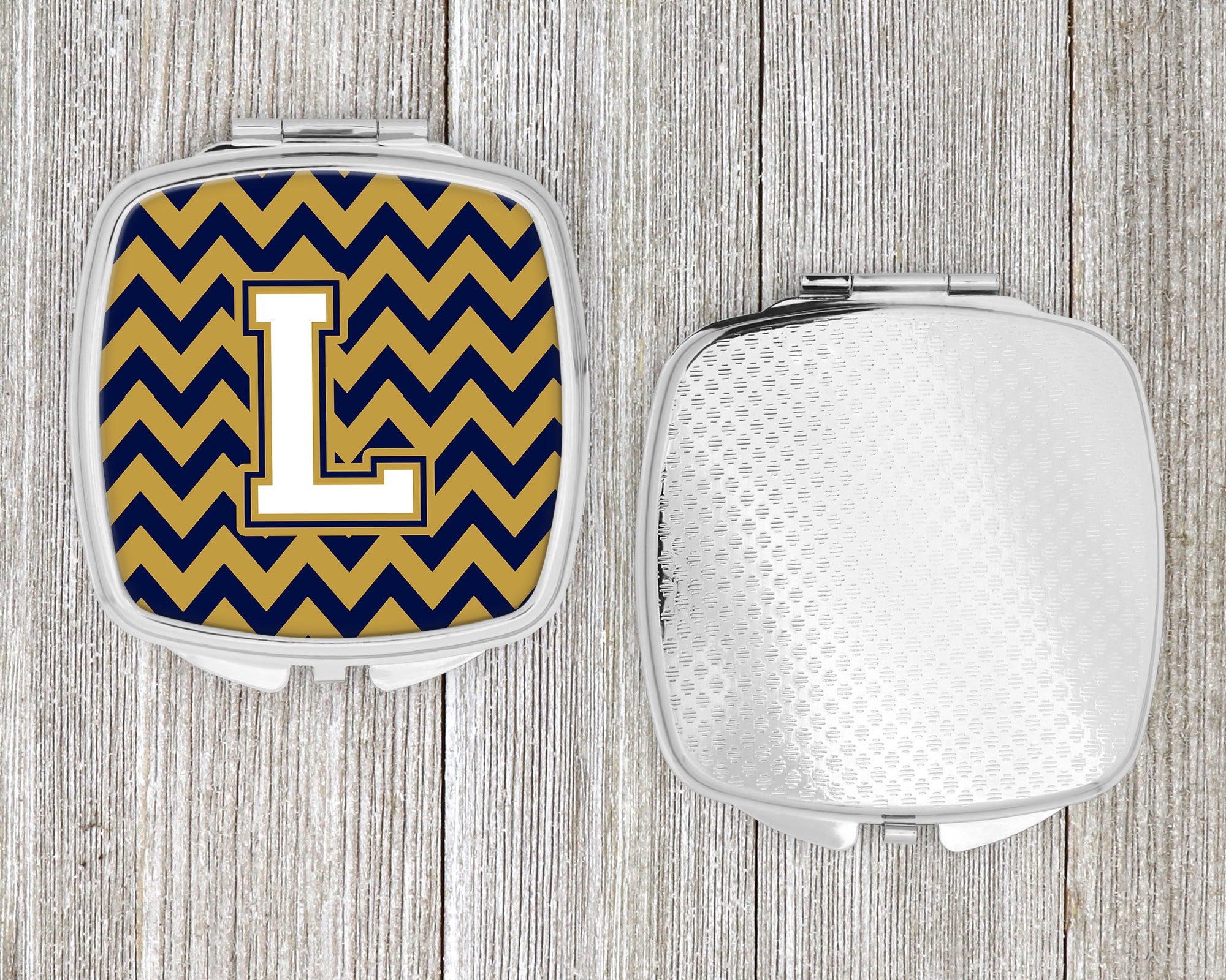 Letter L Chevron Navy Blue and Gold Compact Mirror CJ1057-LSCM  the-store.com.