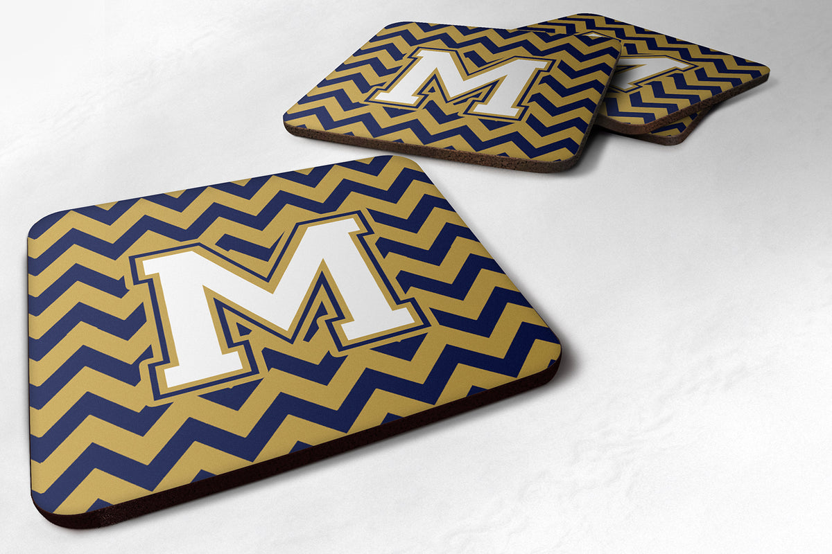 Letter M Chevron Navy Blue and Gold Foam Coaster Set of 4 CJ1057-MFC - the-store.com