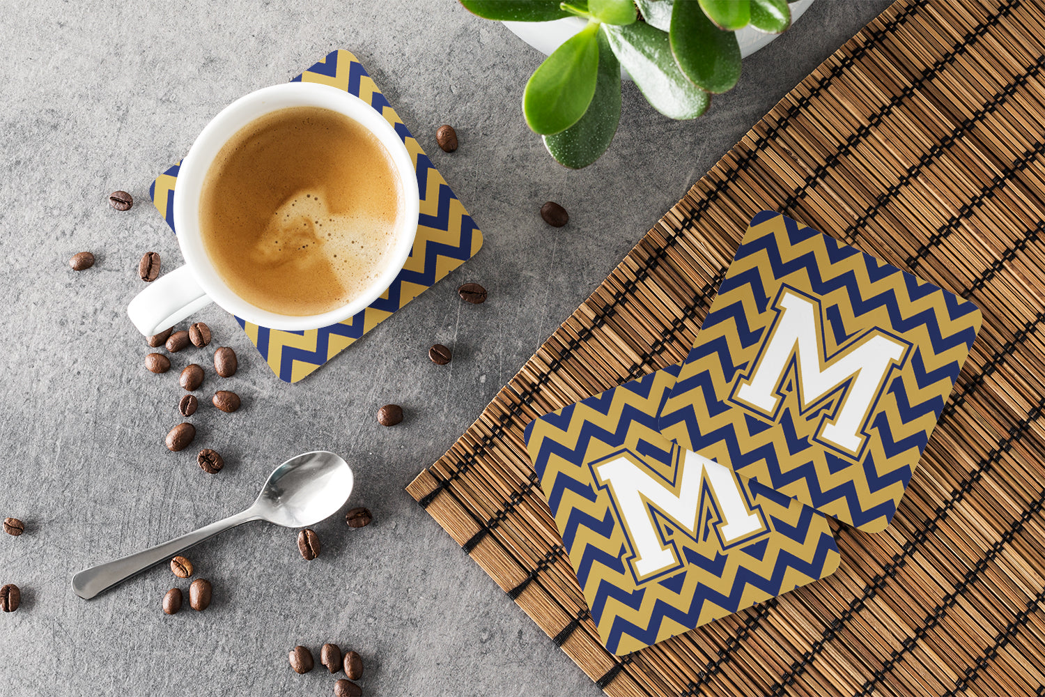 Letter M Chevron Navy Blue and Gold Foam Coaster Set of 4 CJ1057-MFC - the-store.com