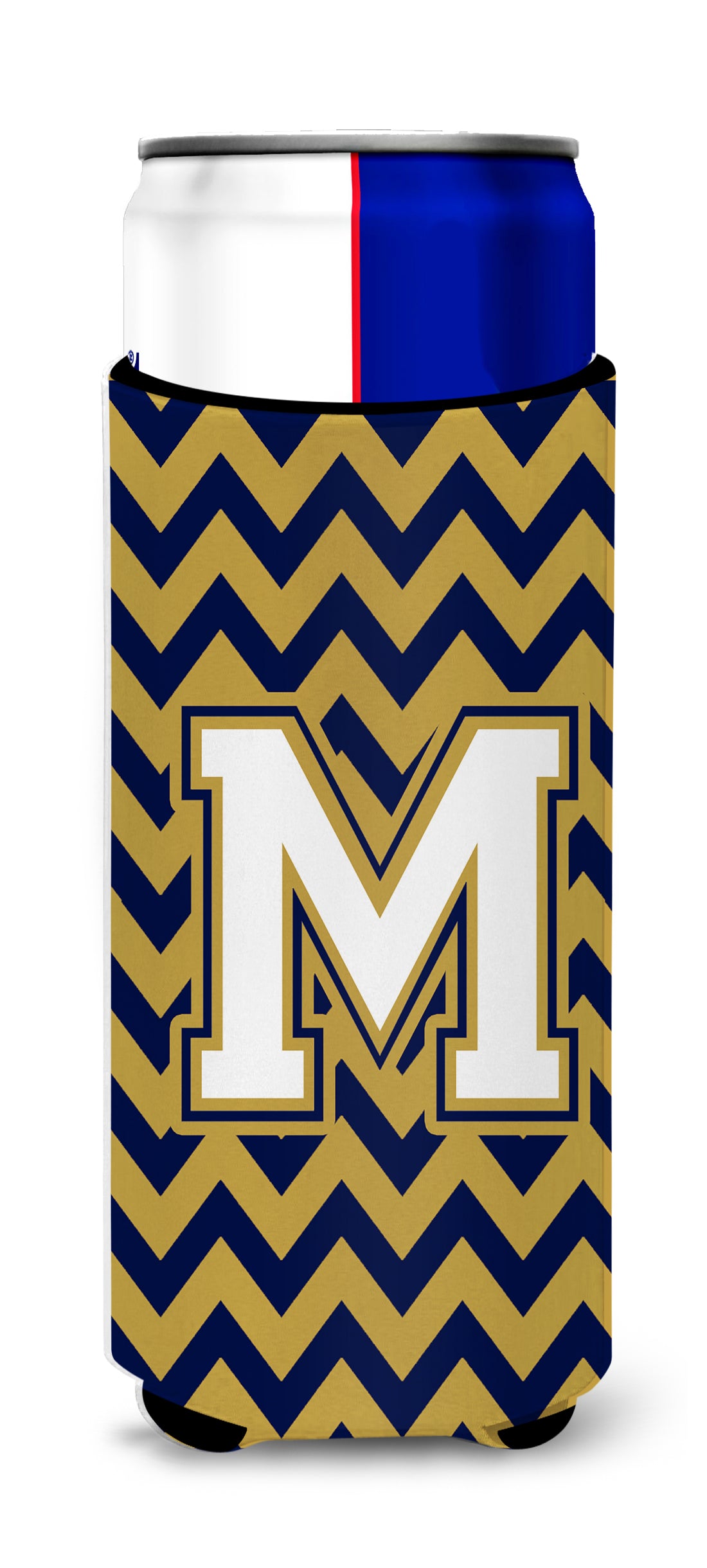 Letter M Chevron Navy Blue and Gold Ultra Beverage Insulators for slim cans CJ1057-MMUK.