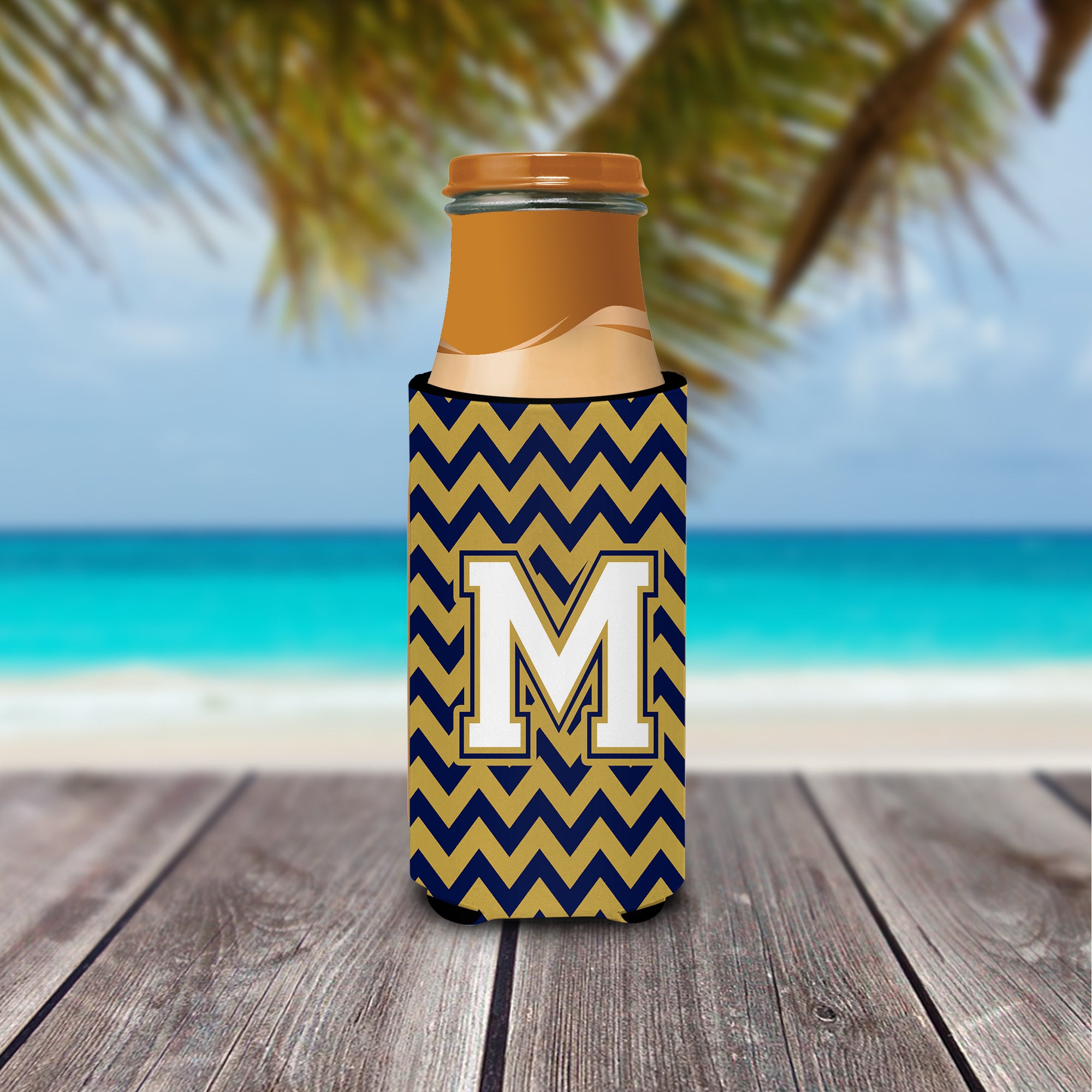 Letter M Chevron Navy Blue and Gold Ultra Beverage Insulators for slim cans CJ1057-MMUK.