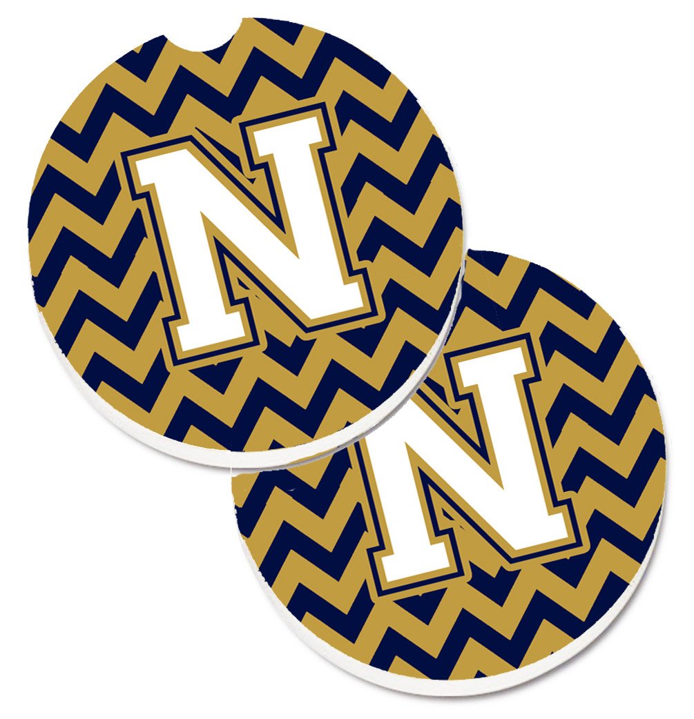 Letter N Chevron Navy Blue and Gold Set of 2 Cup Holder Car Coasters CJ1057-NCARC by Caroline&#39;s Treasures