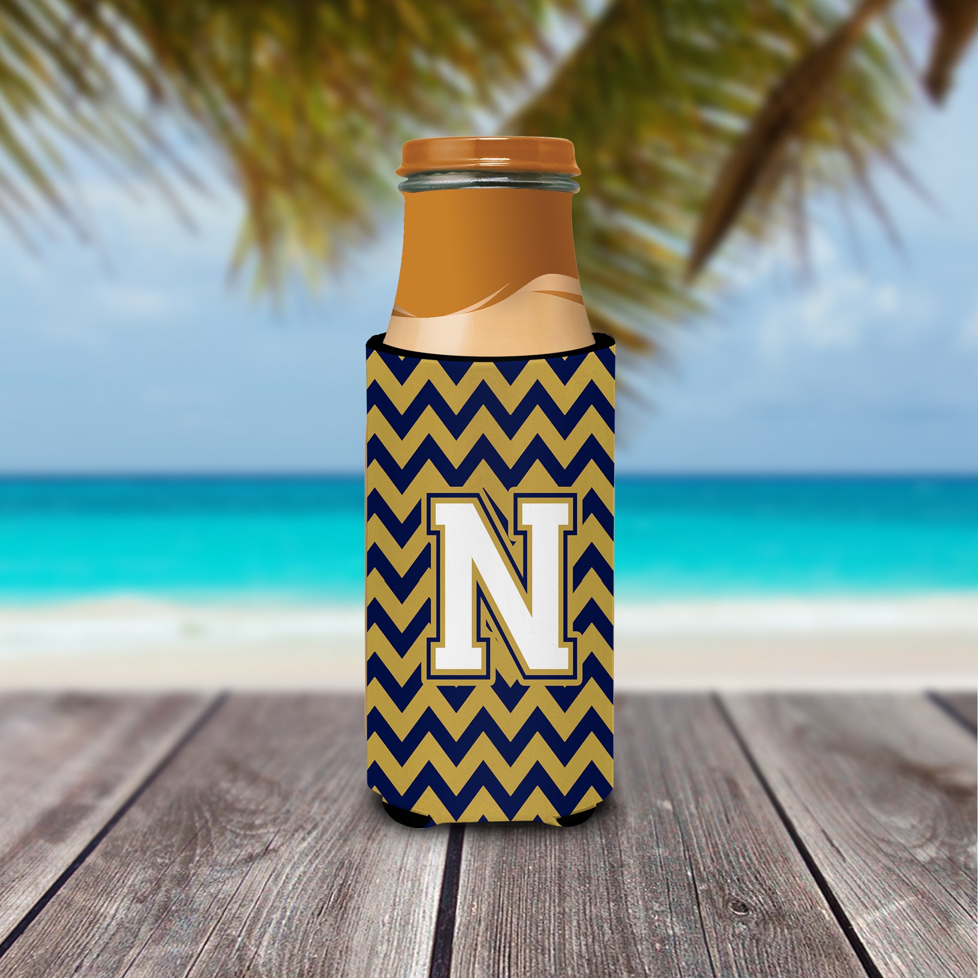 Letter N Chevron Navy Blue and Gold Ultra Beverage Insulators for slim cans CJ1057-NMUK