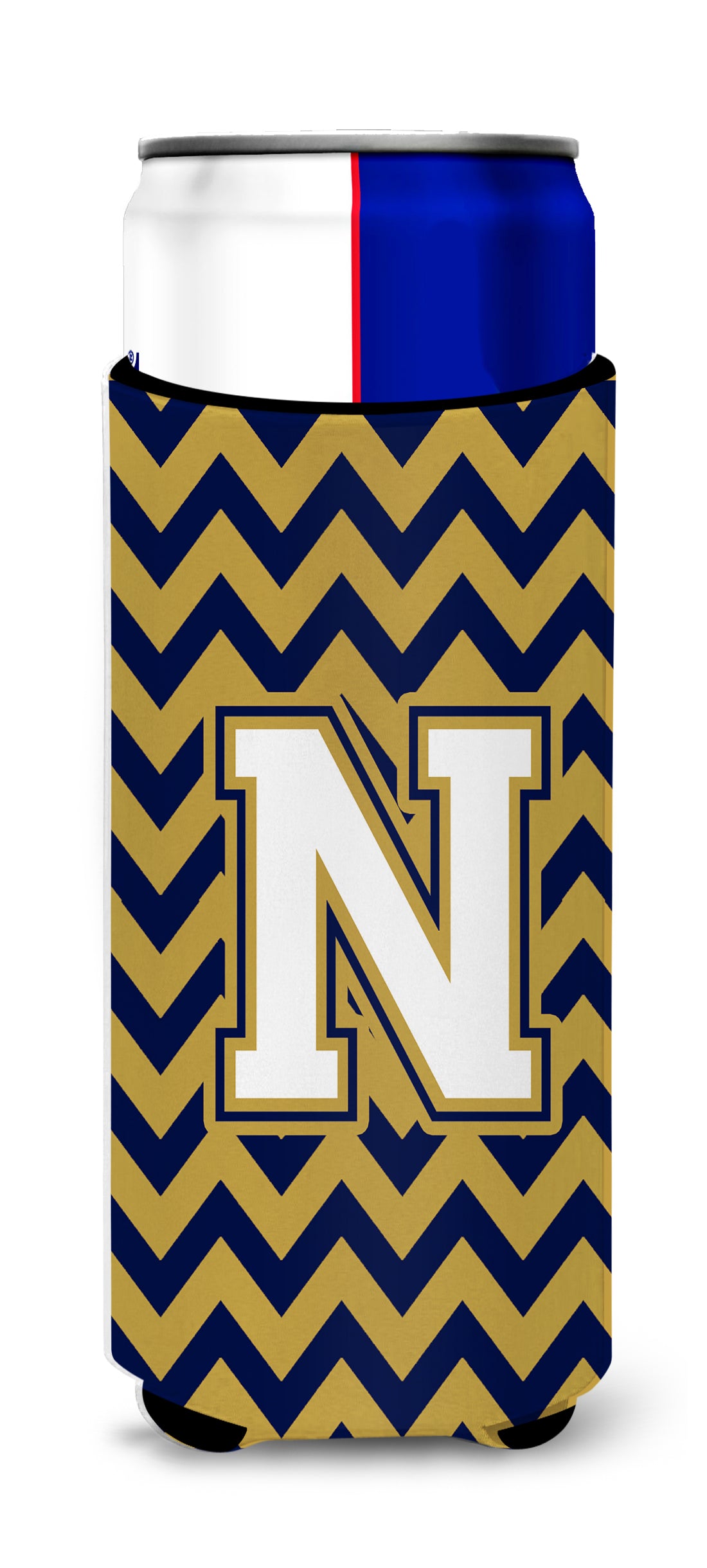 Letter N Chevron Navy Blue and Gold Ultra Beverage Insulators for slim cans CJ1057-NMUK.