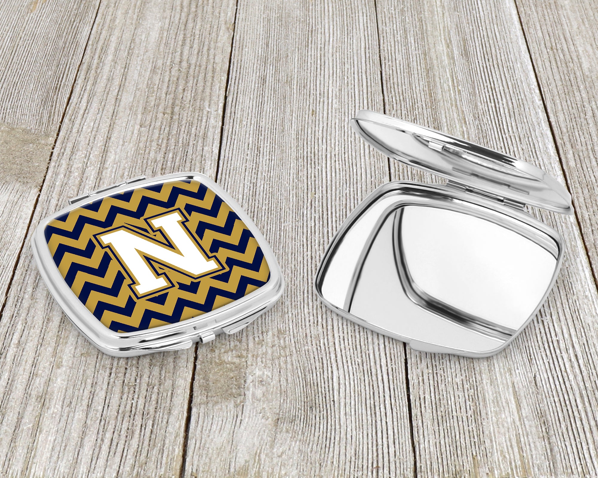 Letter N Chevron Navy Blue and Gold Compact Mirror CJ1057-NSCM  the-store.com.