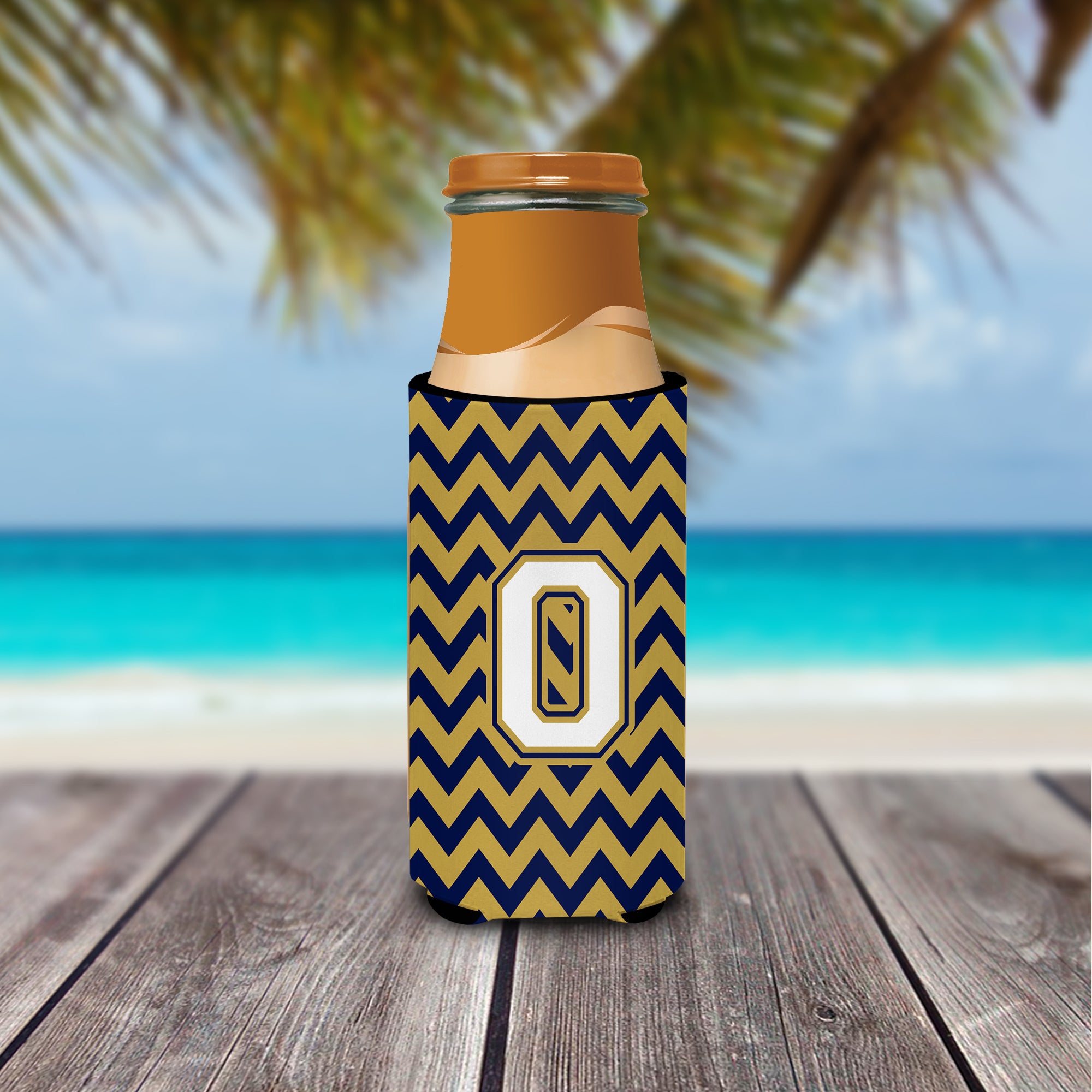 Letter O Chevron Navy Blue and Gold Ultra Beverage Insulators for slim cans CJ1057-OMUK.