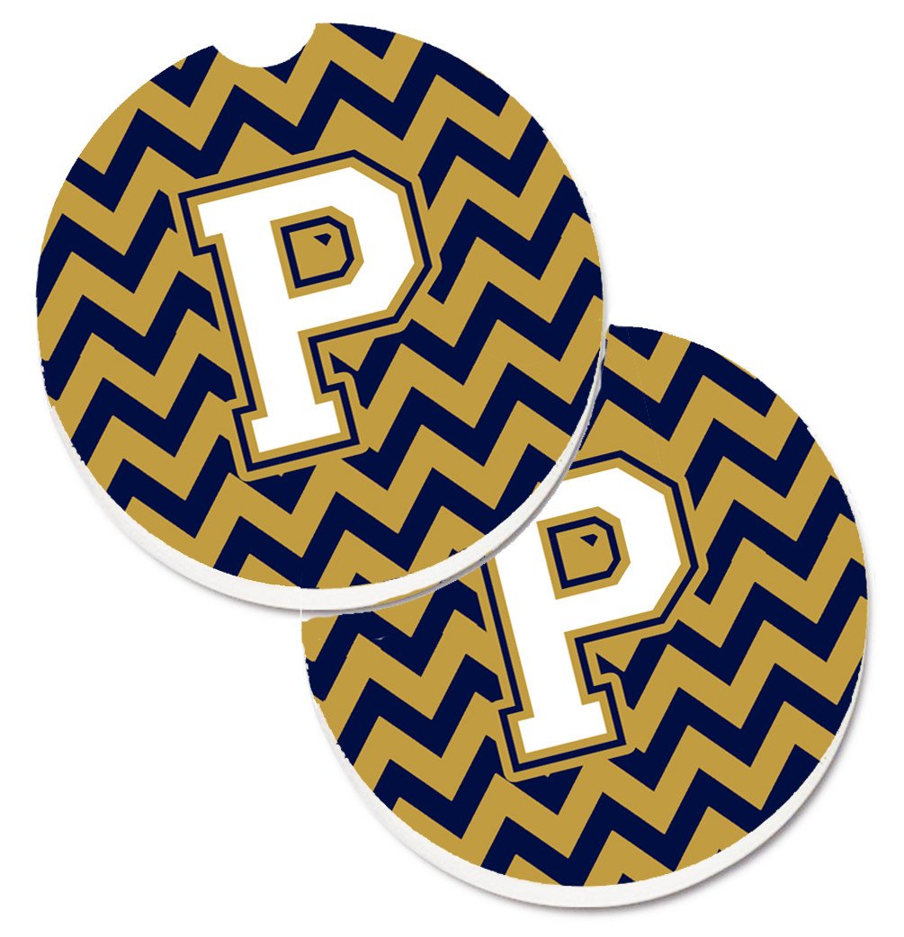 Letter P Chevron Navy Blue and Gold Set of 2 Cup Holder Car Coasters CJ1057-PCARC by Caroline's Treasures