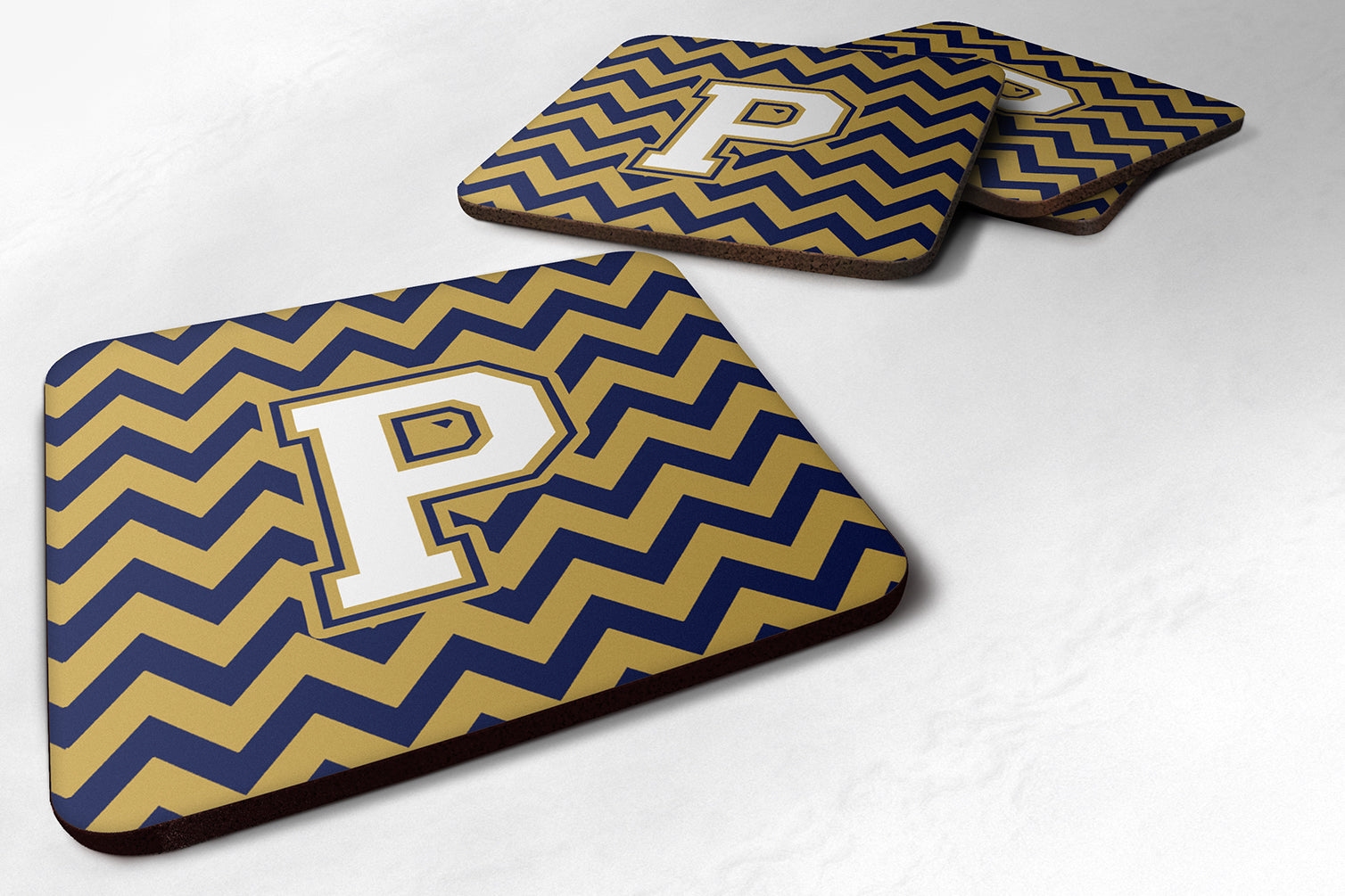 Letter P Chevron Navy Blue and Gold Foam Coaster Set of 4 CJ1057-PFC - the-store.com