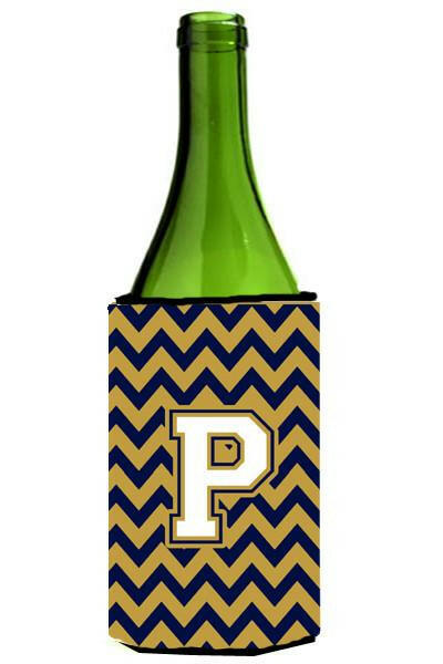 Letter P Chevron Navy Blue and Gold Wine Bottle Beverage Insulator Hugger CJ1057-PLITERK by Caroline&#39;s Treasures