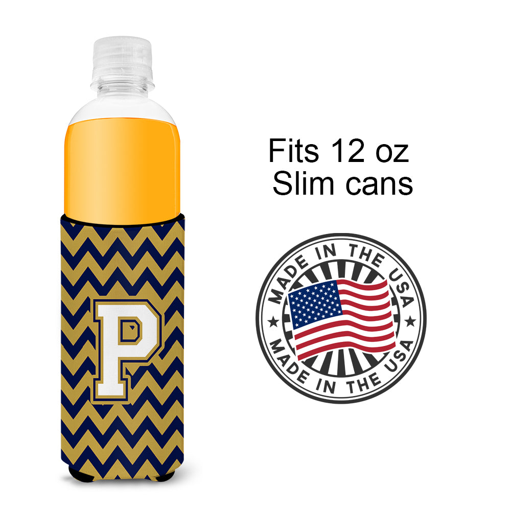 Letter P Chevron Navy Blue and Gold Ultra Beverage Insulators for slim cans CJ1057-PMUK