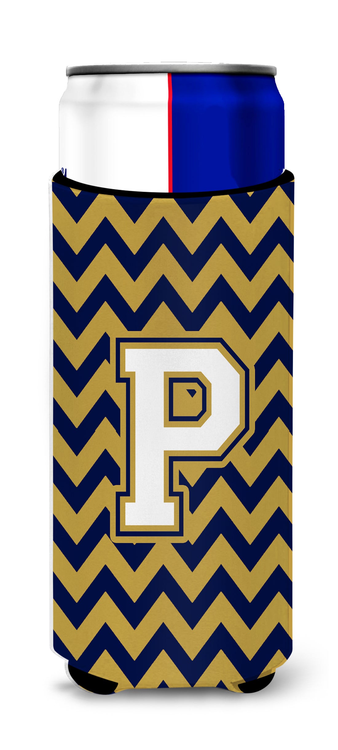 Letter P Chevron Navy Blue and Gold Ultra Beverage Insulators for slim cans CJ1057-PMUK.