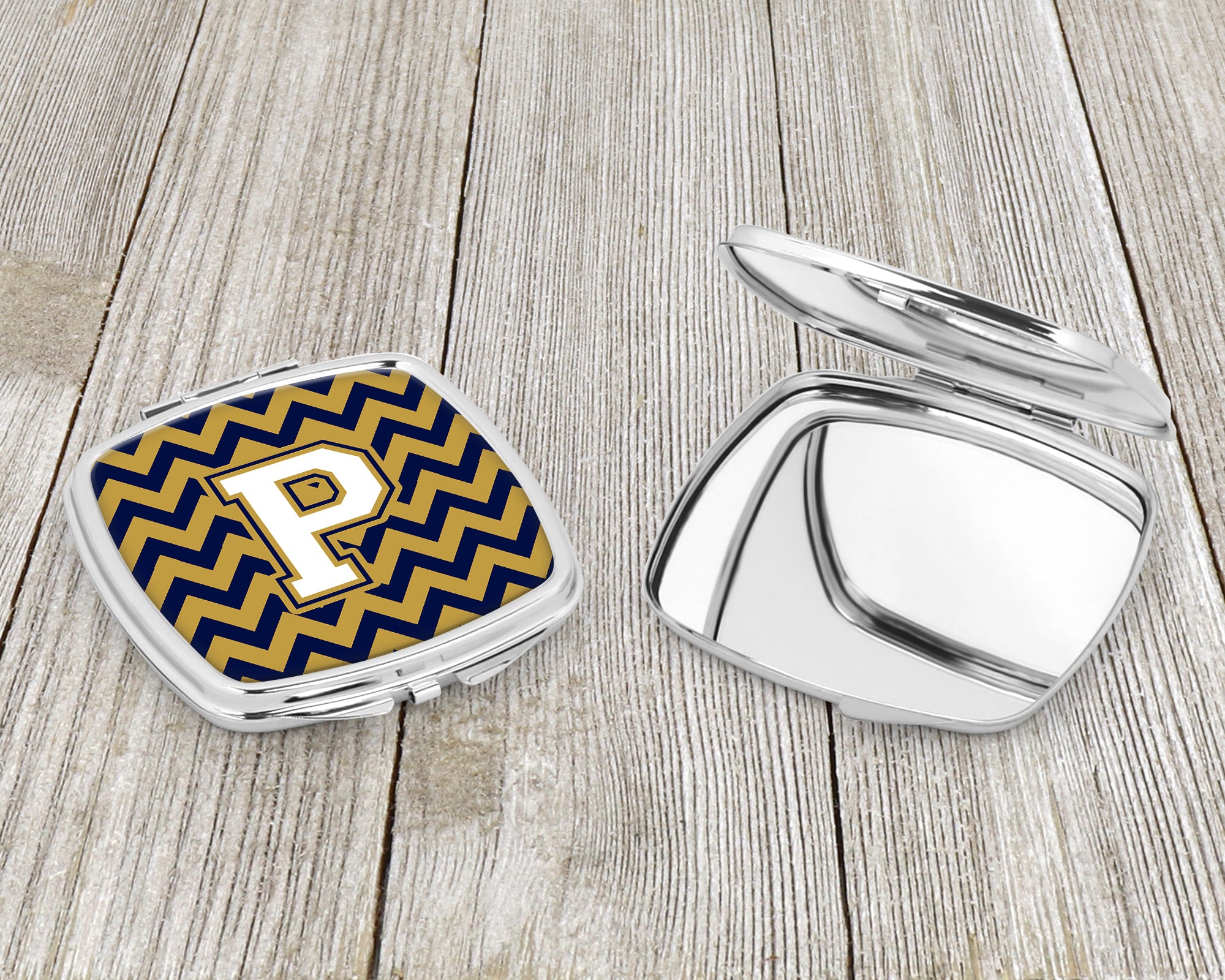 Letter P Chevron Navy Blue and Gold Compact Mirror CJ1057-PSCM  the-store.com.