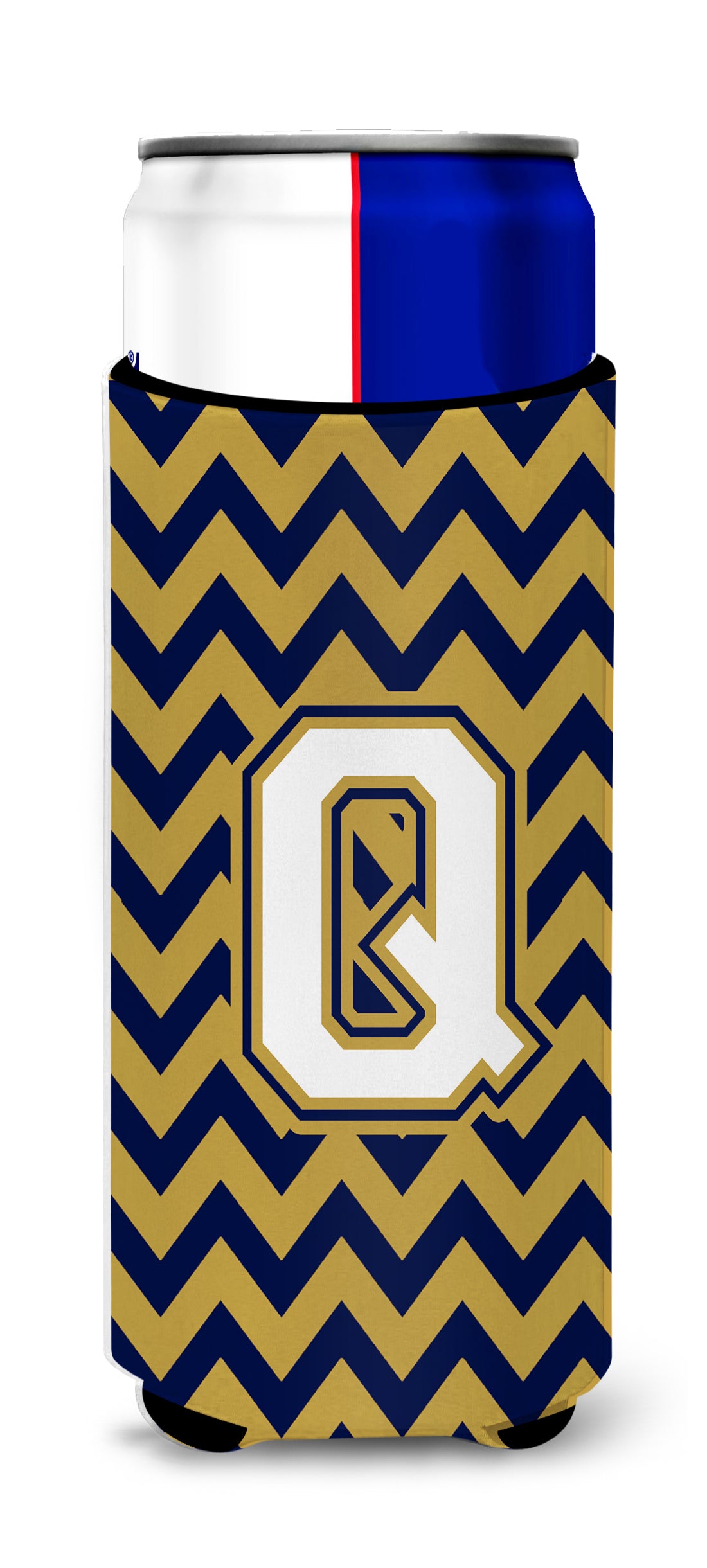 Letter Q Chevron Navy Blue and Gold Ultra Beverage Insulators for slim cans CJ1057-QMUK.