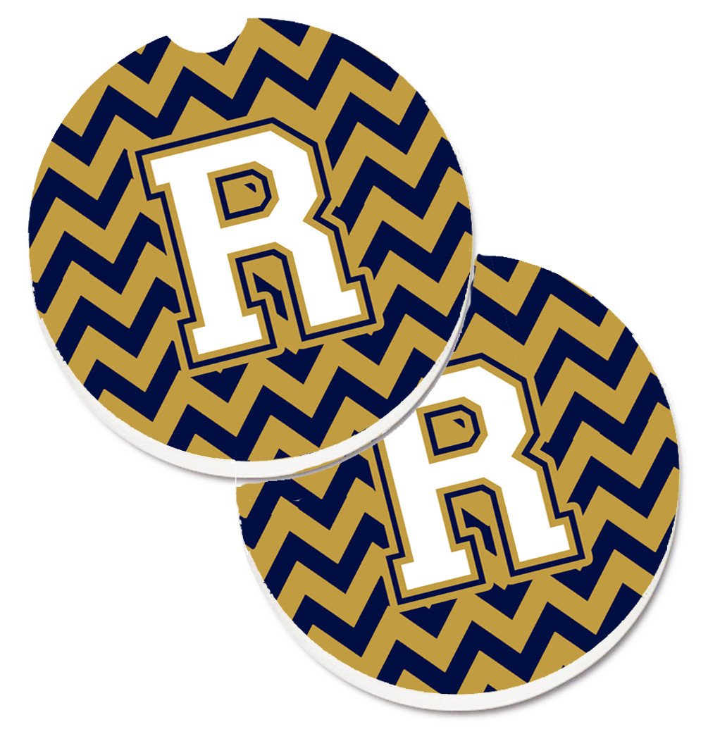 Letter R Chevron Navy Blue and Gold Set of 2 Cup Holder Car Coasters CJ1057-RCARC by Caroline&#39;s Treasures