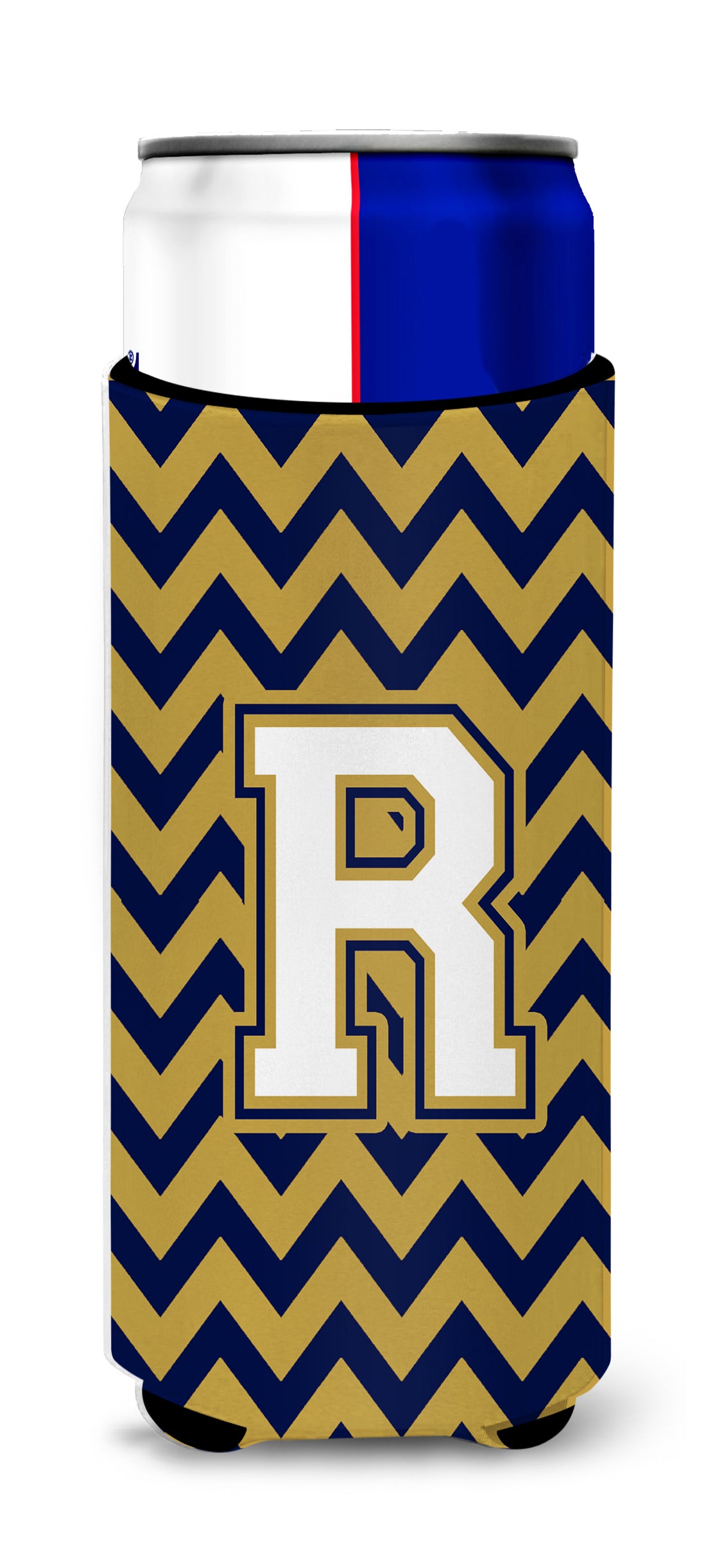Letter R Chevron Navy Blue and Gold Ultra Beverage Insulators for slim cans CJ1057-RMUK.