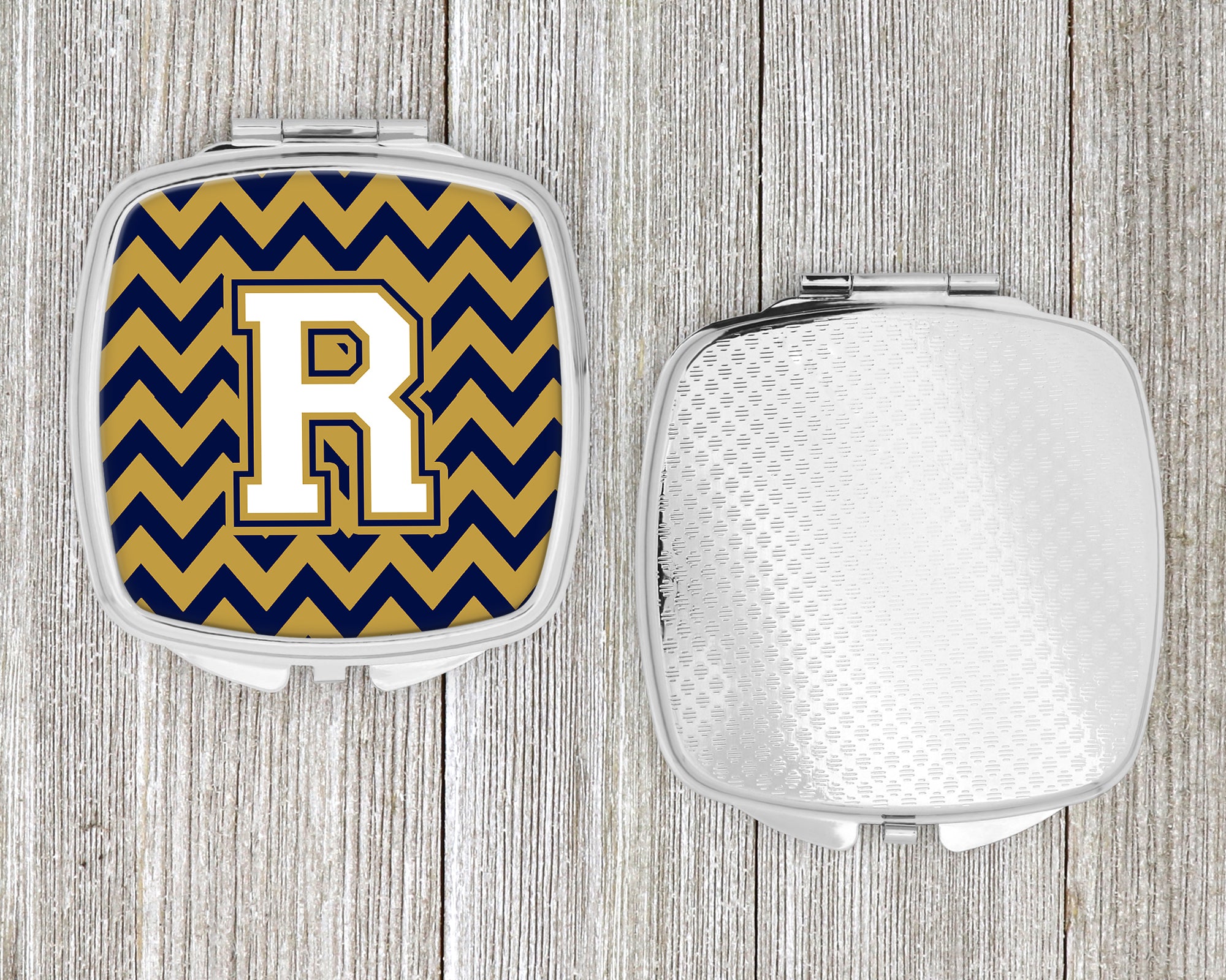 Letter R Chevron Navy Blue and Gold Compact Mirror CJ1057-RSCM  the-store.com.