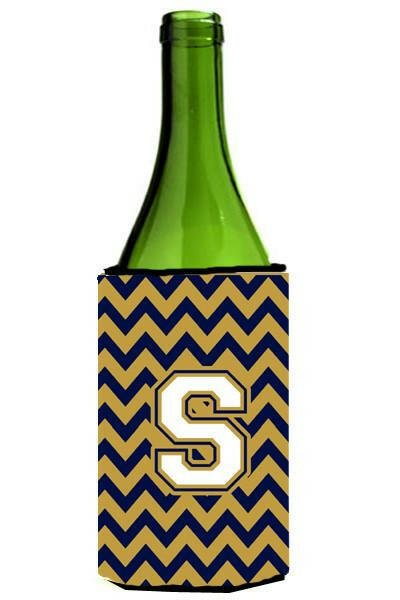 Letter S Chevron Navy Blue and Gold Wine Bottle Beverage Insulator Hugger CJ1057-SLITERK by Caroline&#39;s Treasures